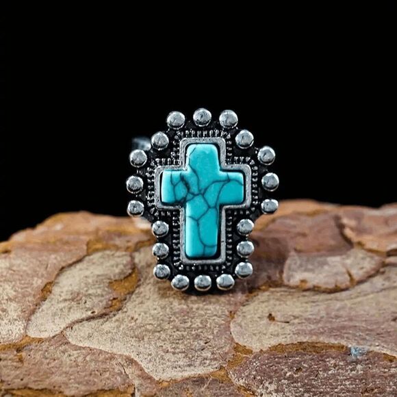 Western Turquoise Cross Adjustable Ring - Picture 2 of 5